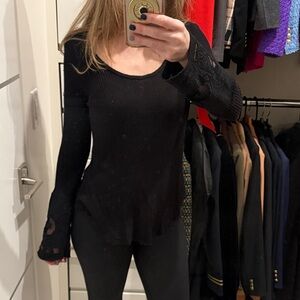 Black waffle long sleeve lace detail top small